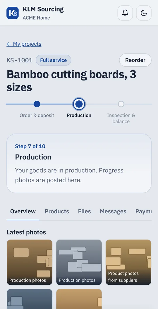 Client portal on a phone: the current step of an order